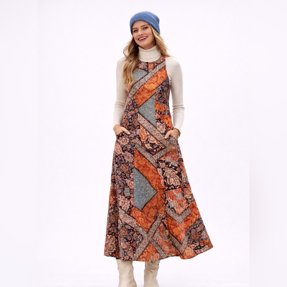 FBC Studio Dresses & Skirts - Organic Cotton Bohemian Patchwork Print Long Maxi Dress w/ Pockets 4 Seasons XL